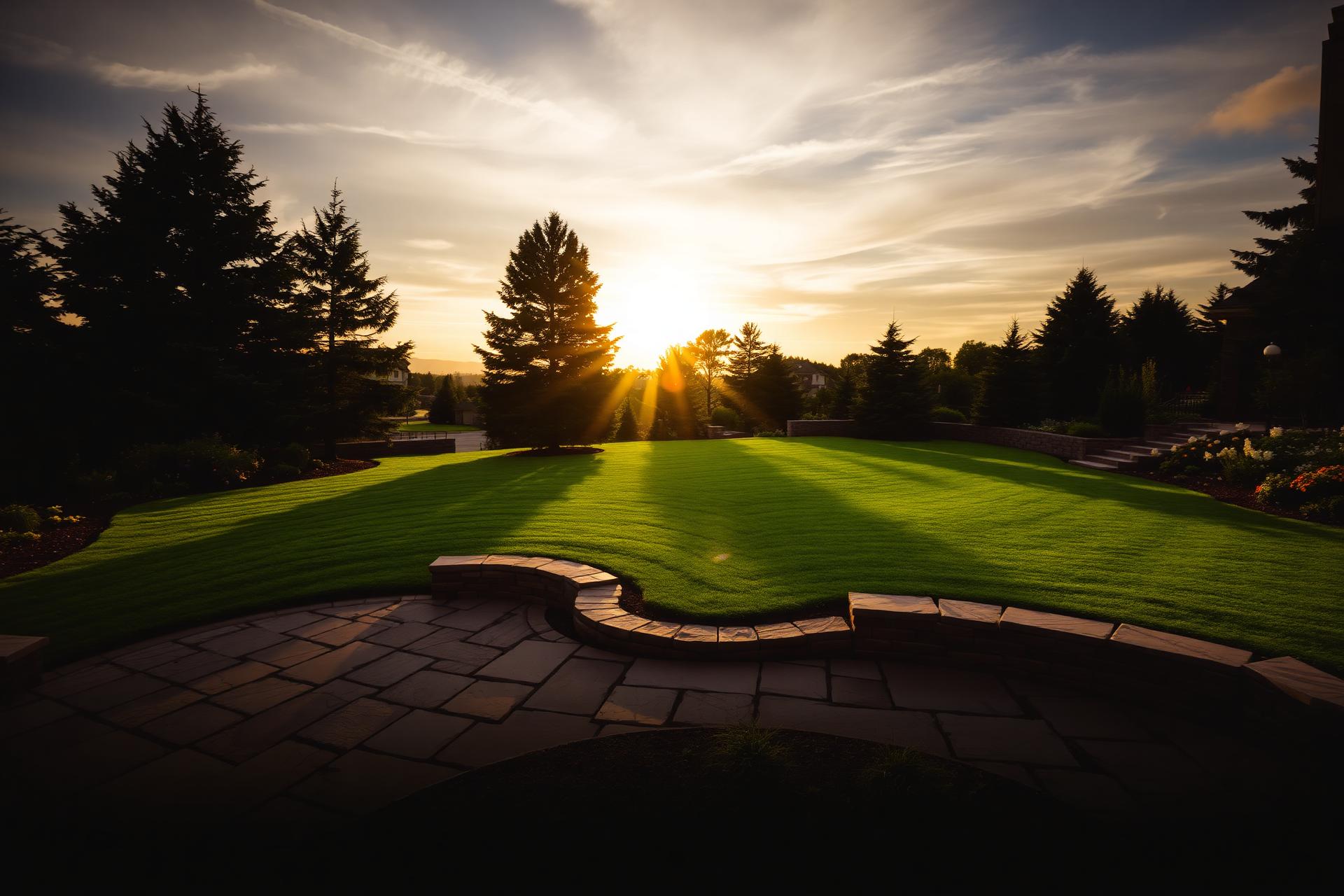 Landscaped backyard at sunset